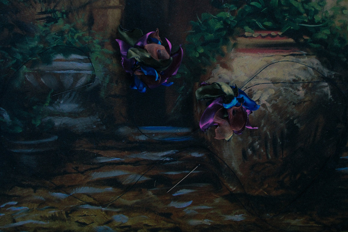A dark, painterly scene showing two small purple and blue creatures clinging to large stone pots beside a stream, with foliage and shadowy rocks in the background.