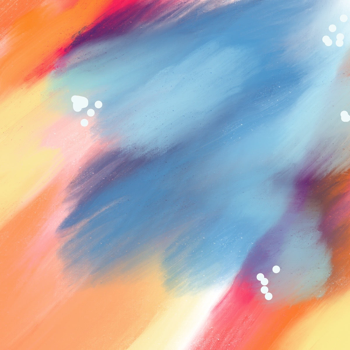 Abstract painted artwork with sweeping brushstrokes in blue, orange, pink, purple, and yellow, accented by small white dot clusters.